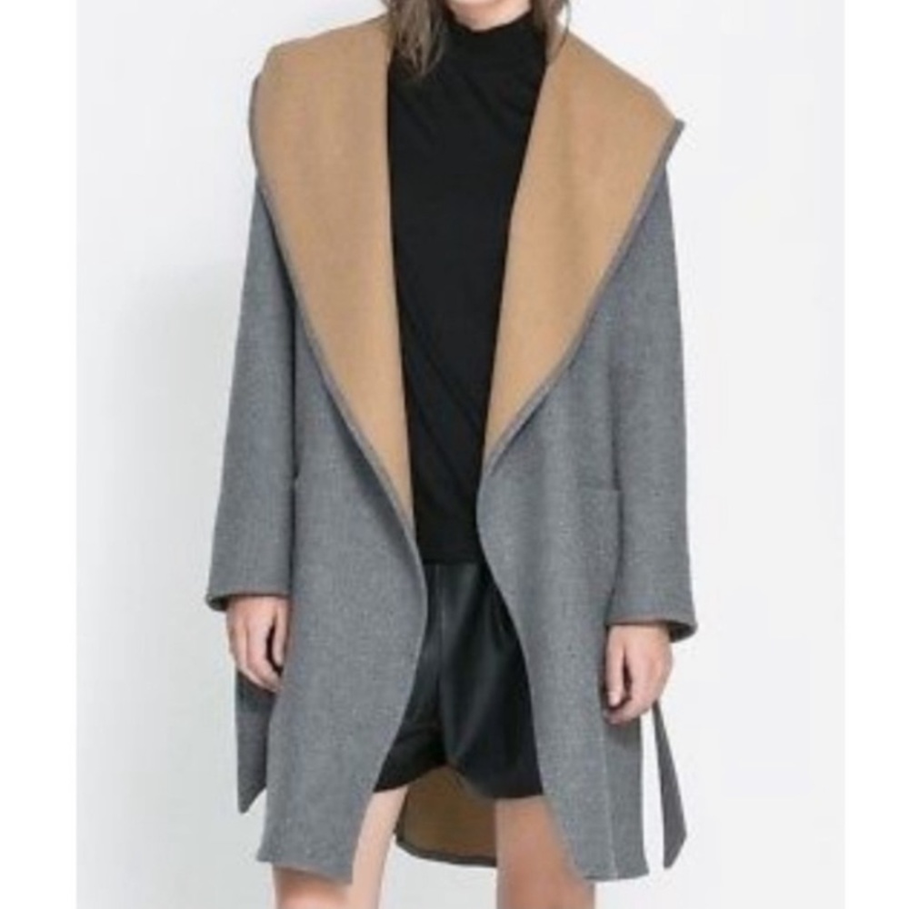 Zara Hooded Gray and Camel Coat. S.